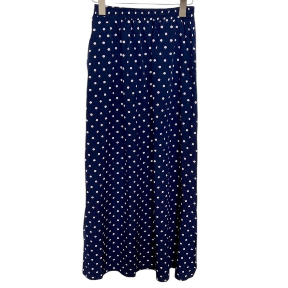 Navy Polka Dot Maxi Skirt high side slits lightweight transitional Sz S